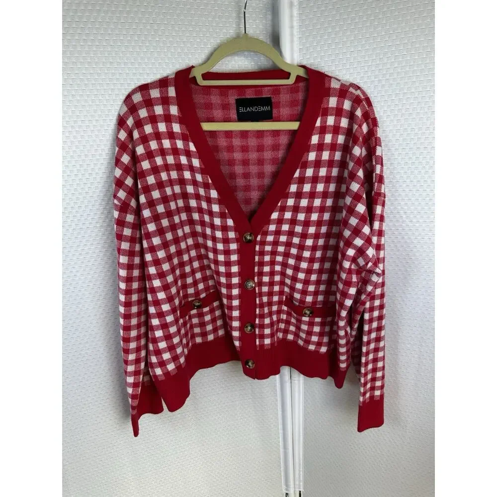 Ellandemm Red Gingham Cottage Core Button Up Cardigan XL